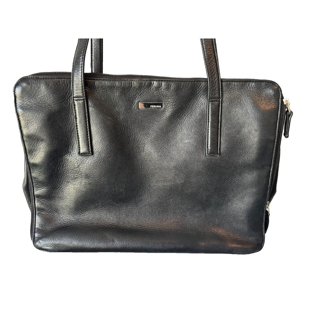 PERLINA Vintage Leather Handbag Black Purse Tote Shoulder Bag Soft Organizer Y2k